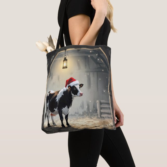 Christmas Hereford Cow In Barn Doorway Tote Bag (Close Up)