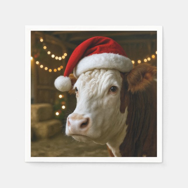 Christmas Hereford Cow Wearing a Santa Hat Napkins (Front)