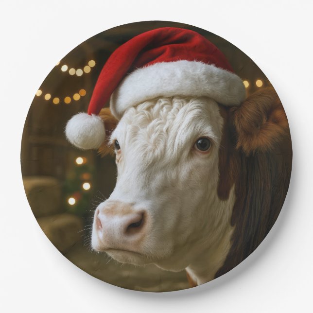Christmas Hereford Cow Wearing a Santa Hat Paper Plates (Front)