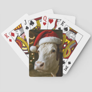 Christmas Hereford Cow Wearing a Santa Hat Poker Cards
