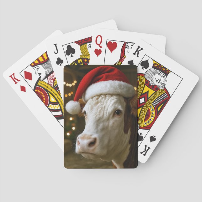 Christmas Hereford Cow Wearing a Santa Hat Poker Cards (Back)