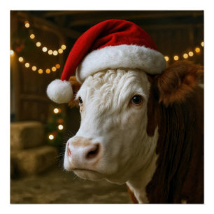 Christmas Hereford Cow Wearing a Santa Hat Poster