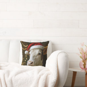 Christmas Hereford Cow Wearing a Santa Hat Throw Pillow