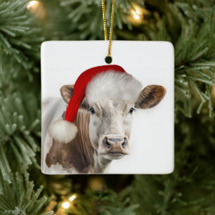 Christmas Hereford Cow With Santa Hat Ceramic Ornament