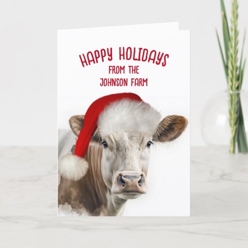 Christmas Hereford Cow With Santa Hat Holiday Card