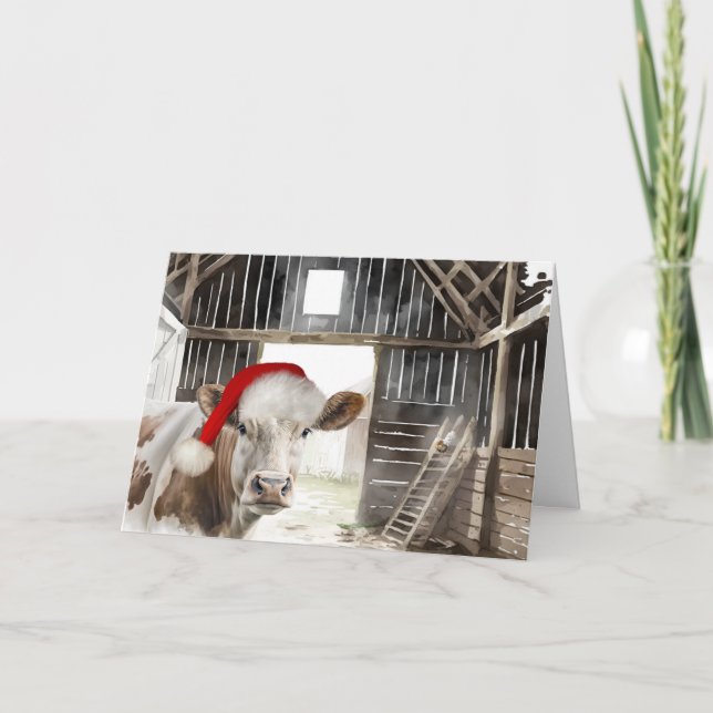 Christmas Hereford Cow with Santa Hat Holiday Card (Front)