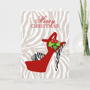 Christmas High Heel Shoe Zebra Red Holiday Card by thefashioncafe at Zazzle