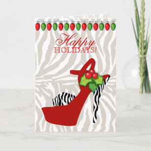Christmas High Heel Shoe Zebra Red Lights Holiday Card