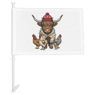 Christmas Highland Cow and Chickens Vintage Engrav Car Flag