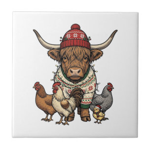 Christmas Highland Cow and Chickens Vintage Engrav Ceramic Tile