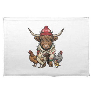 Christmas Highland Cow and Chickens Vintage Engrav Cloth Placemat