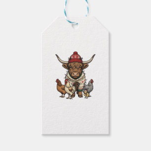 Christmas Highland Cow and Chickens Vintage Engrav Gift Tags