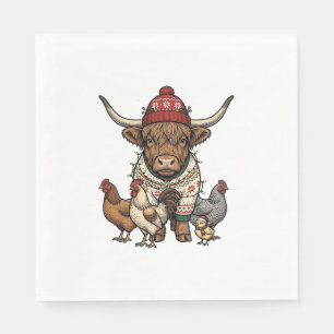 Christmas Highland Cow and Chickens Vintage Engrav Napkins