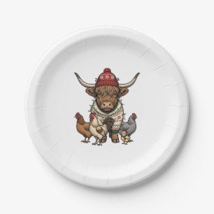 Christmas Highland Cow and Chickens Vintage Engrav Paper Plates