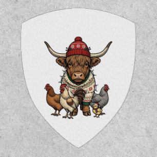 Christmas Highland Cow and Chickens Vintage Engrav Patch