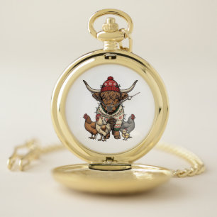 Christmas Highland Cow and Chickens Vintage Engrav Pocket Watch
