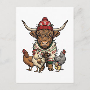 Christmas Highland Cow and Chickens Vintage Engrav Postcard