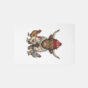 Christmas Highland Cow and Chickens Vintage Engrav Rug