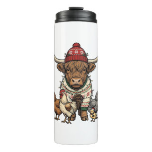 Christmas Highland Cow and Chickens Vintage Engrav Thermal Tumbler
