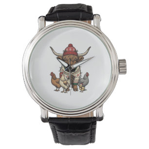 Christmas Highland Cow and Chickens Vintage Engrav Watch