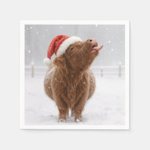 Christmas Highland Cow Catching Snowflakes Napkins