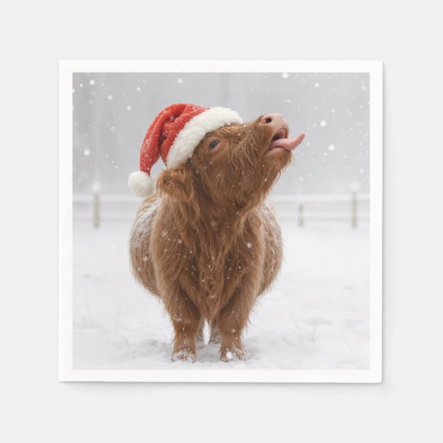 Christmas Highland Cow Catching Snowflakes Napkins (Front)