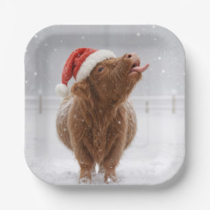 Christmas Highland Cow Catching Snowflakes Paper Plates