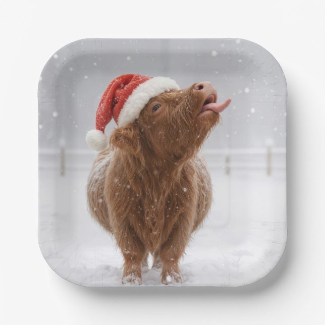 Christmas Highland Cow Catching Snowflakes Paper Plates (Front)