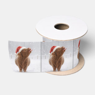 Christmas Highland Cow Catching Snowflakes Satin Ribbon