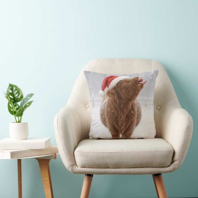 Christmas Highland Cow Catching Snowflakes Throw Pillow (Chair)