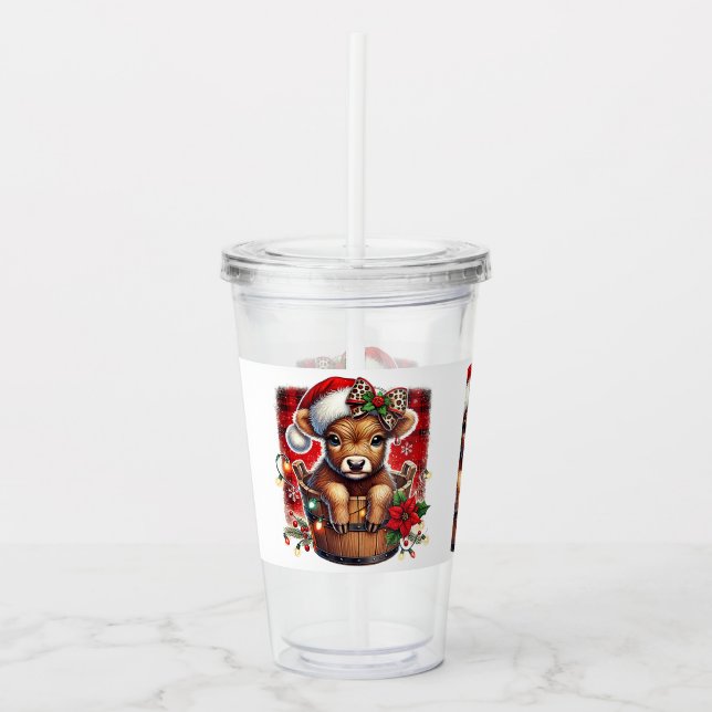 Christmas Highland Cow | Cute Festive Farmhouse Acrylic Tumbler (Front)