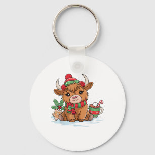 Christmas Highland Cow Cute Heifer Cow Santa Hat M Keychain
