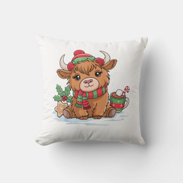 Christmas Highland Cow Cute Heifer Cow Santa Hat M Throw Pillow (Front)