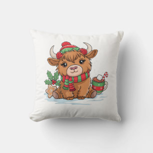 Christmas Highland Cow Cute Heifer Cow Santa Hat M Throw Pillow