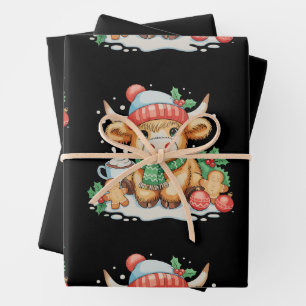 Christmas Highland Cow Cute Heifer Mooey Santa Hat Wrapping Paper Sheets