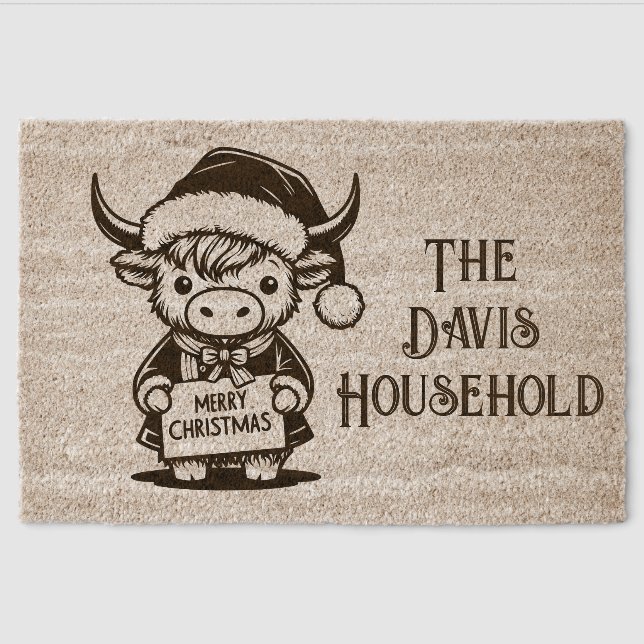 Christmas Highland Cow Fiber Doormat (Front)