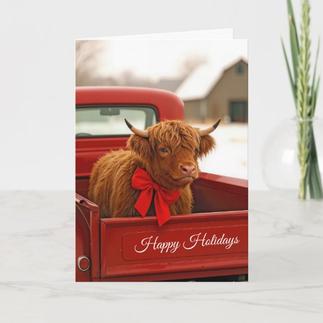 Christmas Highland Cow In Old Red Pickup Truck Card (Front)