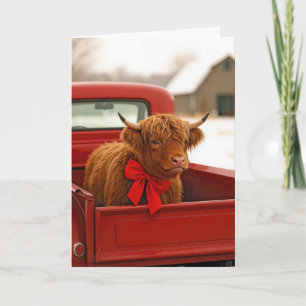 Christmas Highland Cow In Old Red Pickup Truck Card
