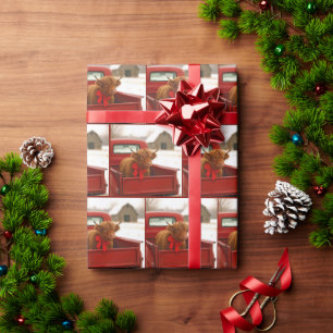 Christmas Highland Cow In Old Red Pickup Truck Wrapping Paper