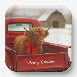 Christmas Highland Cow In Old Red Truck Paper Plates