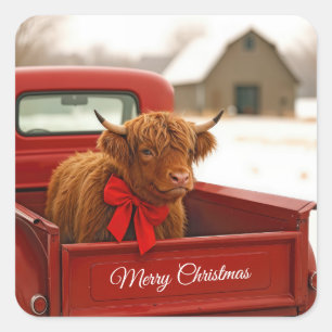 Christmas Highland Cow In Old Red Truck Square Sticker