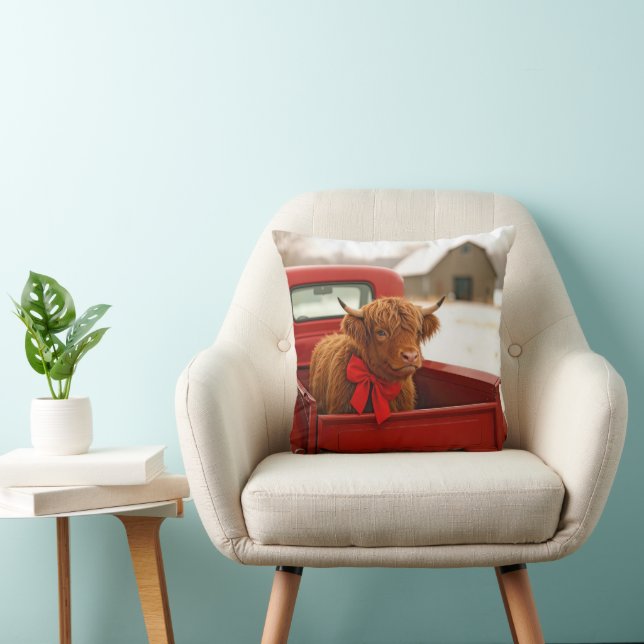 Christmas Highland Cow In Old Red Truck Throw Pillow (Chair)