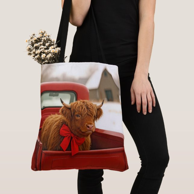 Christmas Highland Cow In Old Red Truck Tote Bag (Close Up)