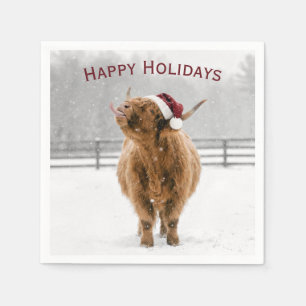 Christmas Highland Cow Licking Snowflakes Napkins
