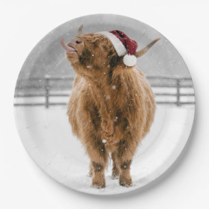 Christmas Highland Cow Licking Snowflakes Paper Plates