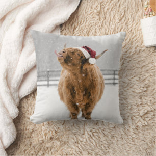 Christmas Highland Cow Licking Snowflakes Throw Pillow