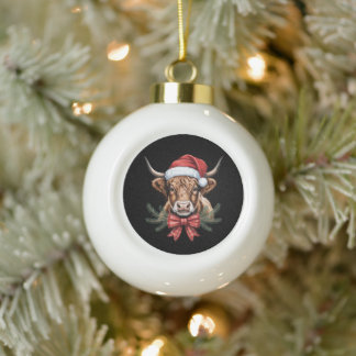Christmas Highland Cow Santa Hat Plaid Bow Wreath Ceramic Ball Christmas Ornament