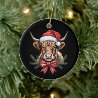 Christmas Highland Cow Santa Hat Plaid Bow Wreath Ceramic Ornament