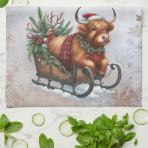 Christmas Highland Cow Sleigh Kitchen Towel