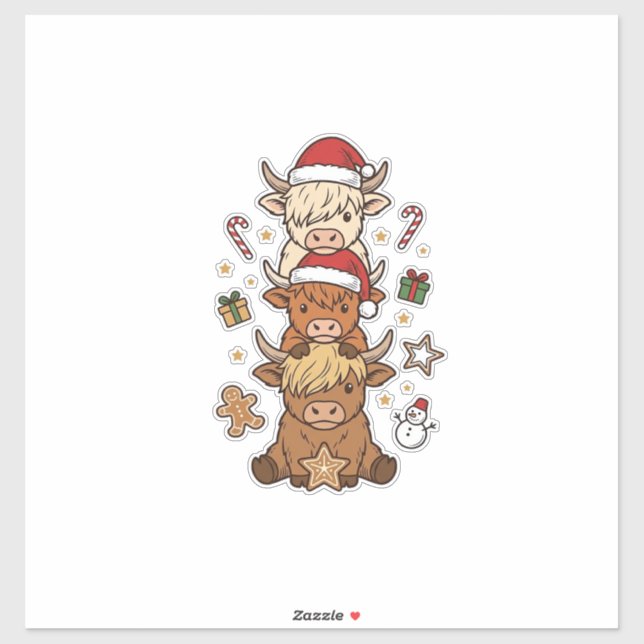Christmas Highland Cow Stack Vintage Engraving Des Sticker (Sheet)